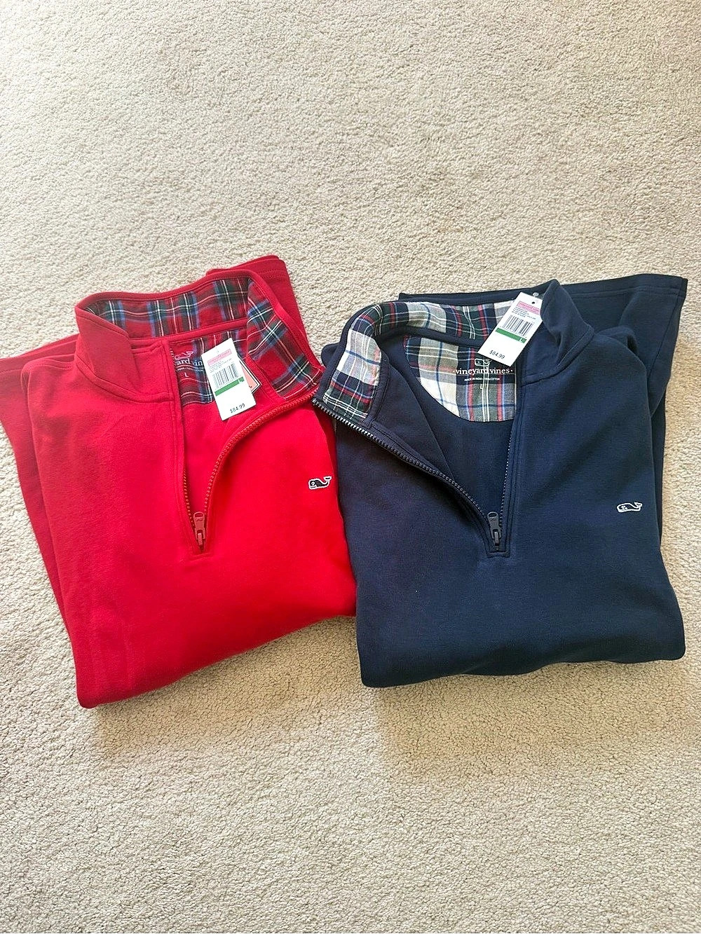 2 Men’s Vineyard Vines plaid jersey half zips Red & Blue NWT